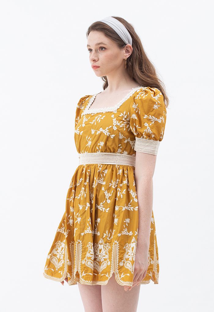 Cutie Daisy Embroidered Square Neck Mini Dress in Mustard - Retro ...