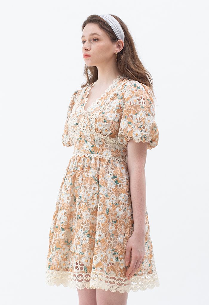 Apricot Flower Embroidered Button Decorated Dress - Retro, Indie and ...