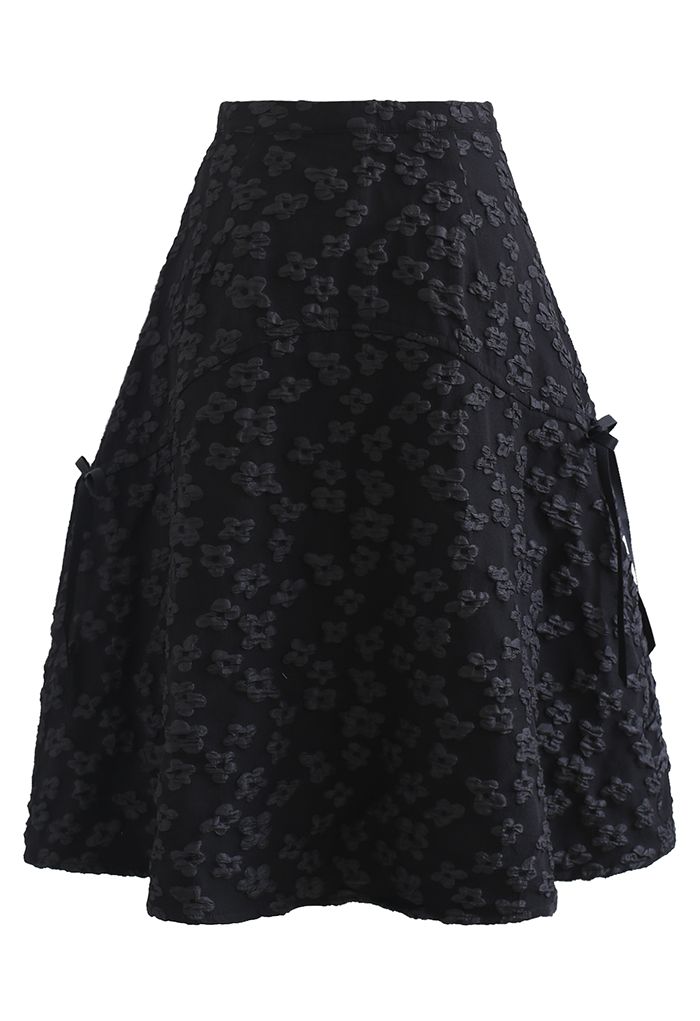Embossed Flower Bowknot Side Flare Skirt - Retro, Indie and Unique Fashion