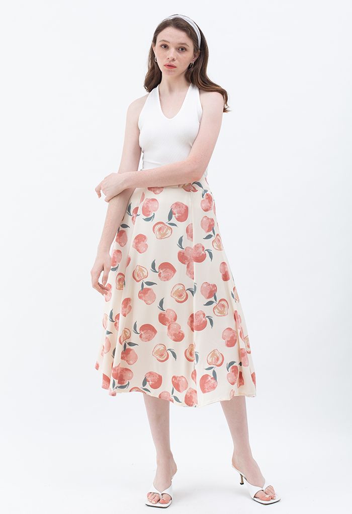 Blushing Peach Print Satin Midi Skirt - Retro, Indie and Unique Fashion