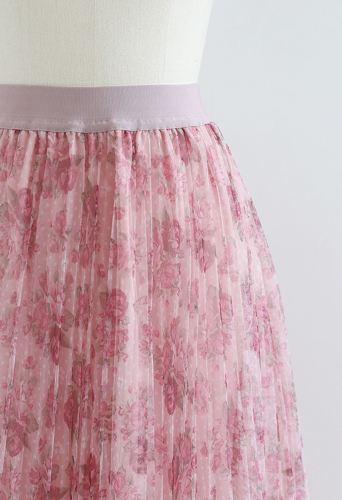 Pinky Rose Pleated Mesh Tulle Midi Skirt