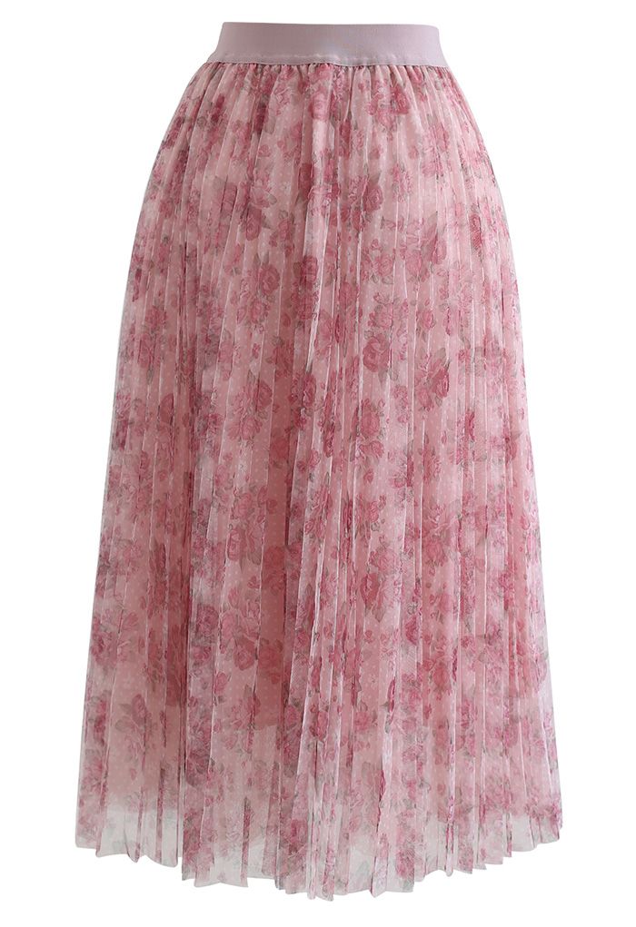 Pinky Rose Pleated Mesh Tulle Midi Skirt