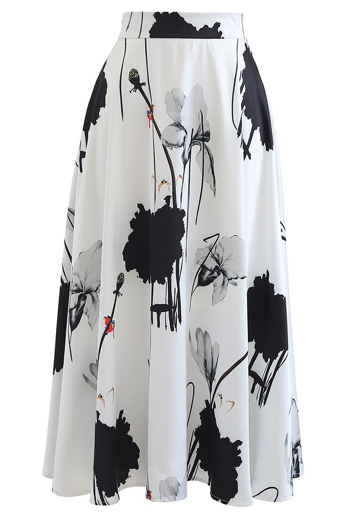 Lotus Ink Painting Satin Midi Skirt in White