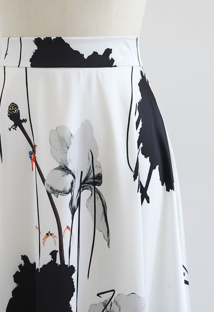 Lotus Ink Painting Satin Midi Skirt in White