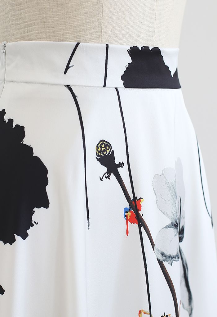 Lotus Ink Painting Satin Midi Skirt in White