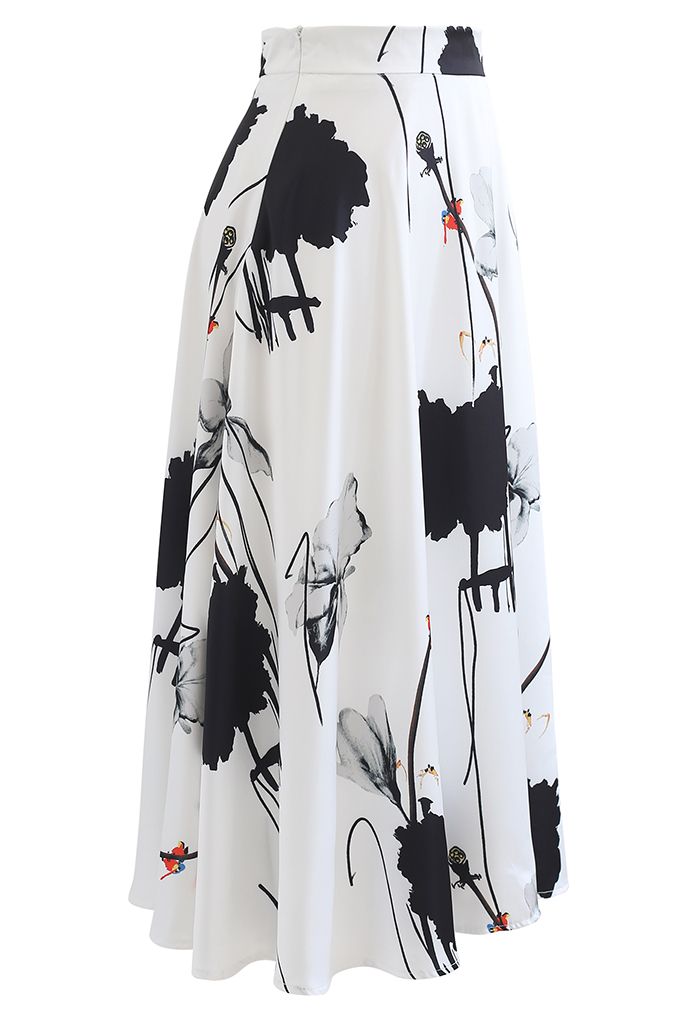 Lotus Ink Painting Satin Midi Skirt in White