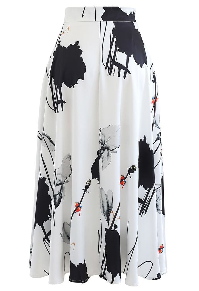 Lotus Ink Painting Satin Midi Skirt in White