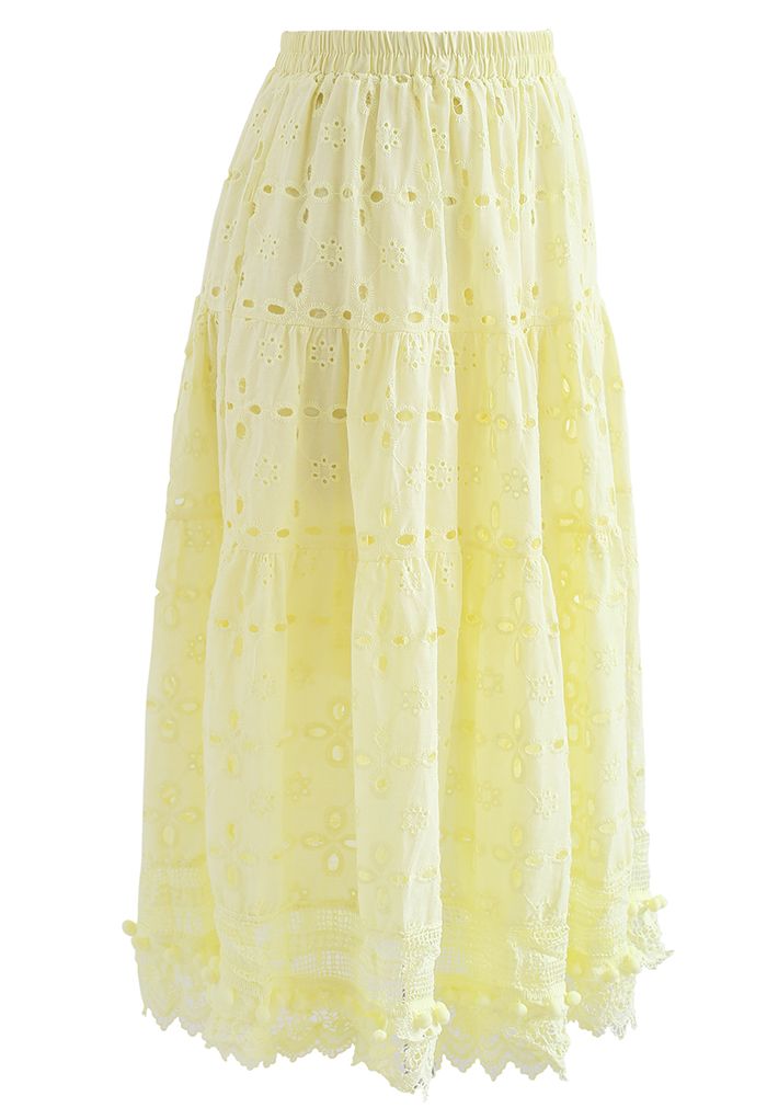 Pom-Pom Hem Embroidered Cotton Midi Skirt in Yellow - Retro, Indie and ...