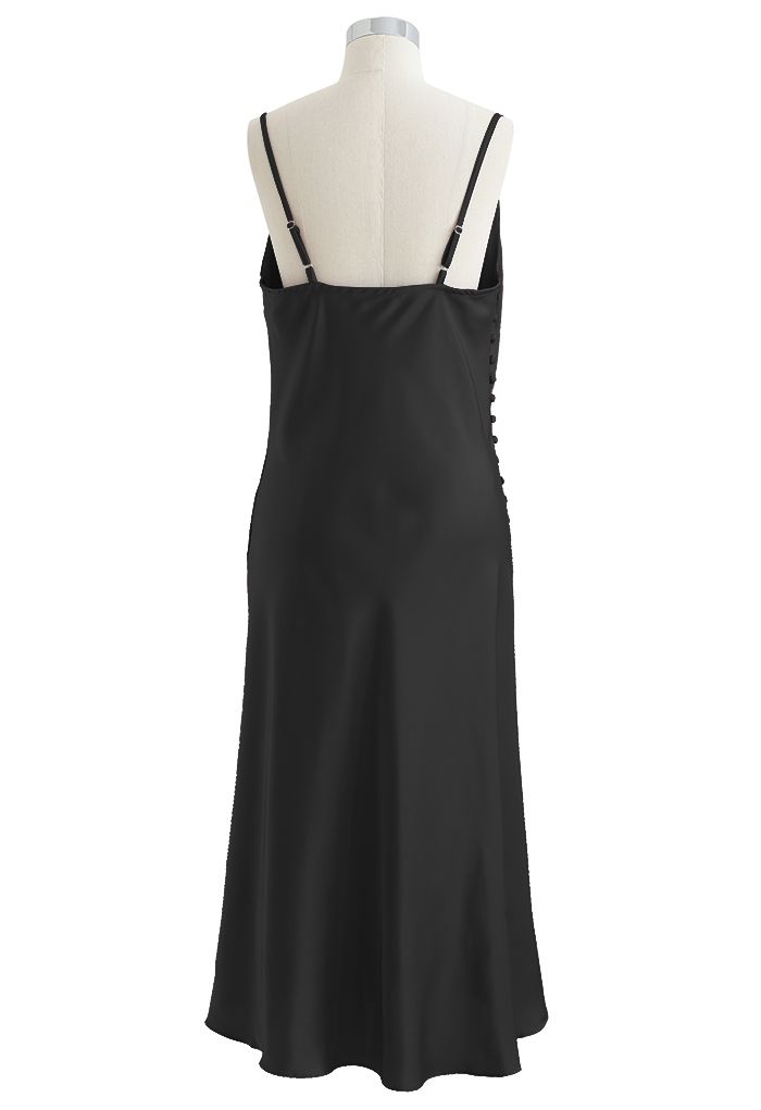 Buttoned Side Split Hem Satin Cami Dress in Black