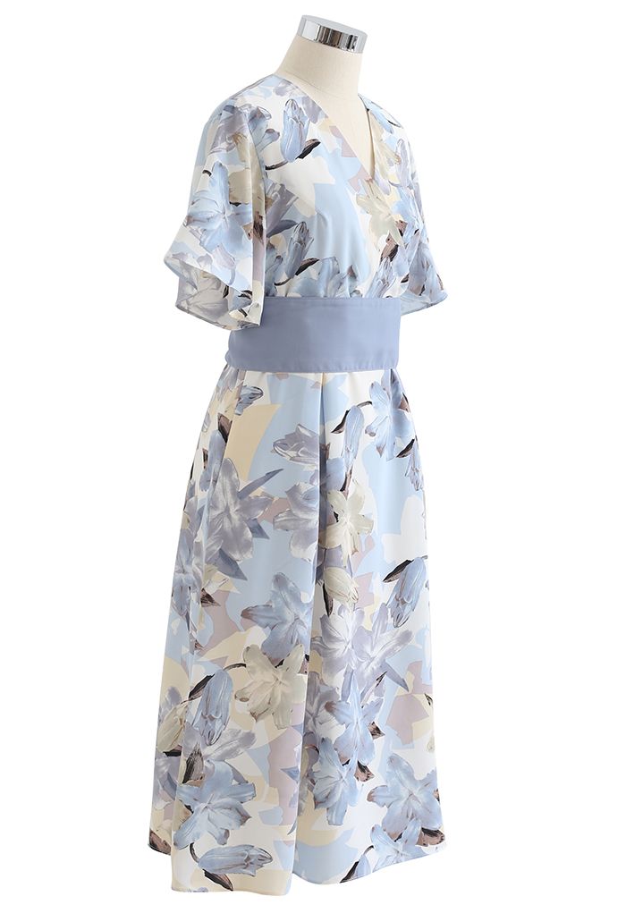 Lily Print Flare Sleeve Belted Midi Dress in Blue - Retro, Indie and ...