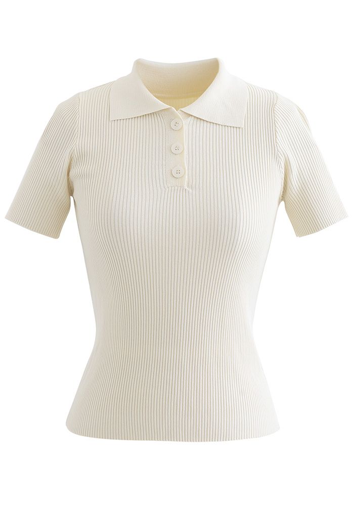 Triple Buttons Short Sleeve Fitted Knit Top in Cream - Retro