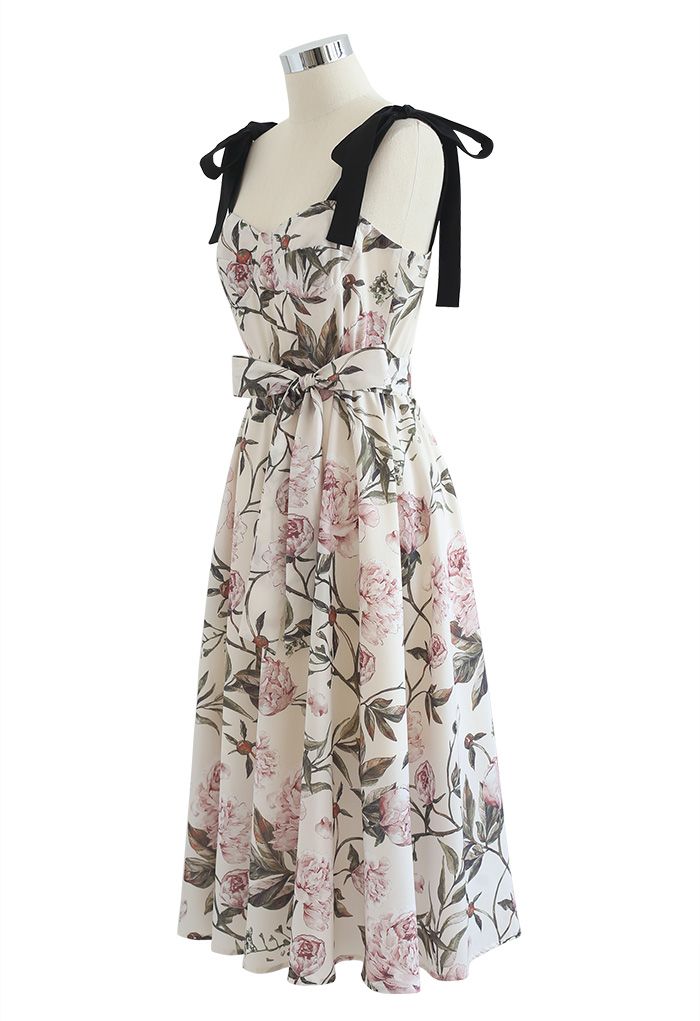 Pink Peony Blossom Tie-Strap A-Line Midi Dress - Retro, Indie and ...