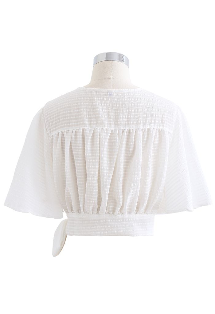 Stripe Jacquard Tie Waist Wrap Crop Top in White