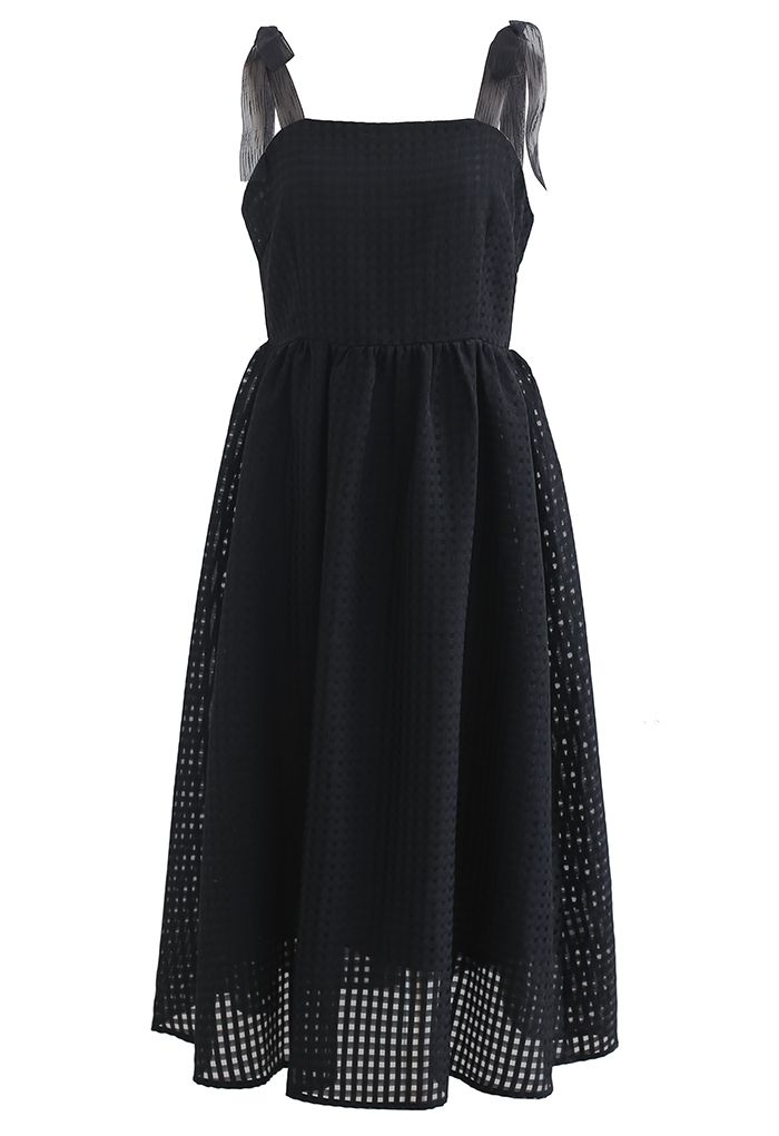 Gingham Tie-Strap Organza Dress in Black