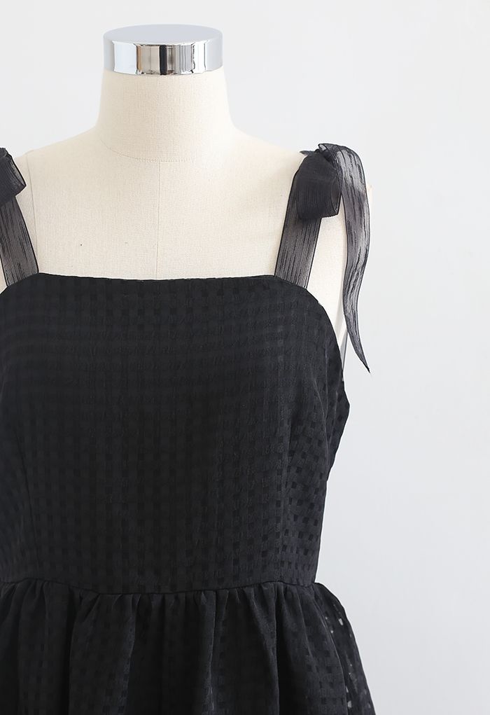 Gingham Tie-Strap Organza Dress in Black