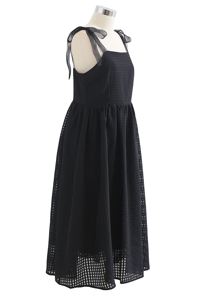 Gingham Tie-Strap Organza Dress in Black