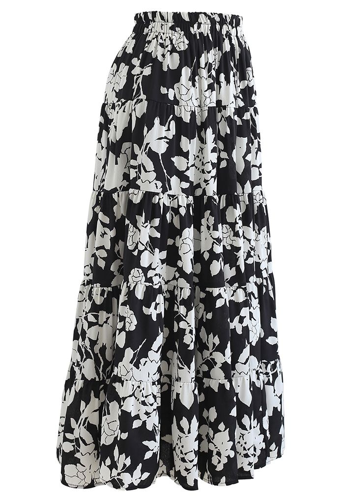 Flowery Sketch Frilling Maxi Skirt in Black - Retro, Indie and Unique ...