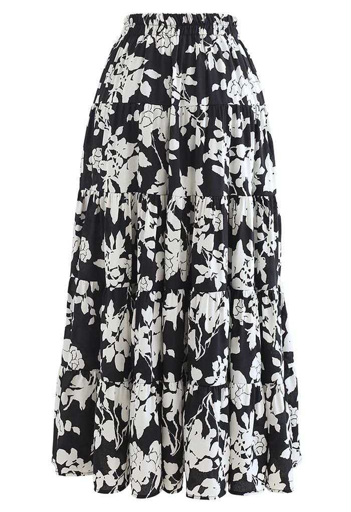 Flowery Sketch Frilling Maxi Skirt in Black - Retro, Indie and Unique ...
