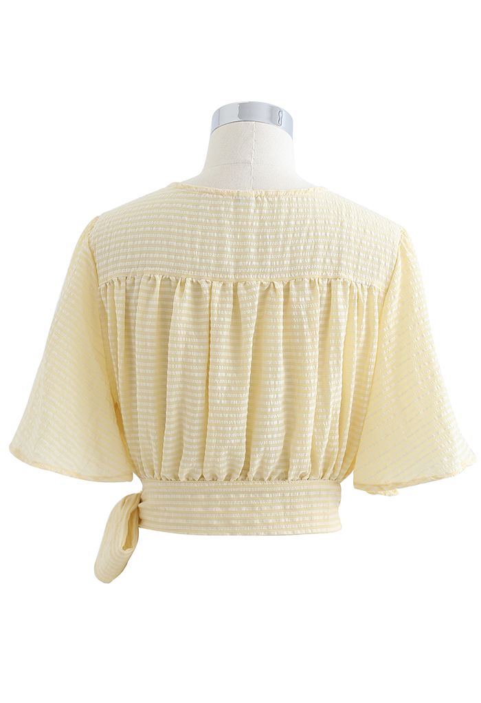 Stripe Jacquard Tie Waist Wrap Crop Top in Light Yellow