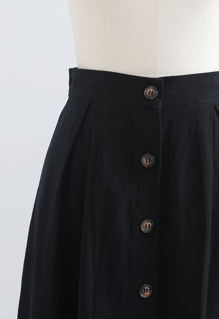 Button Front Cotton A-Line Midi Skirt in Black - Retro, Indie and ...