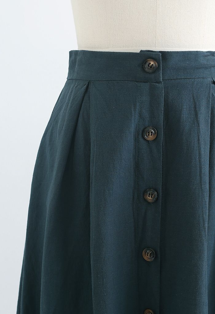 Button Front Cotton A-Line Midi Skirt in Dark Green - Retro, Indie and ...