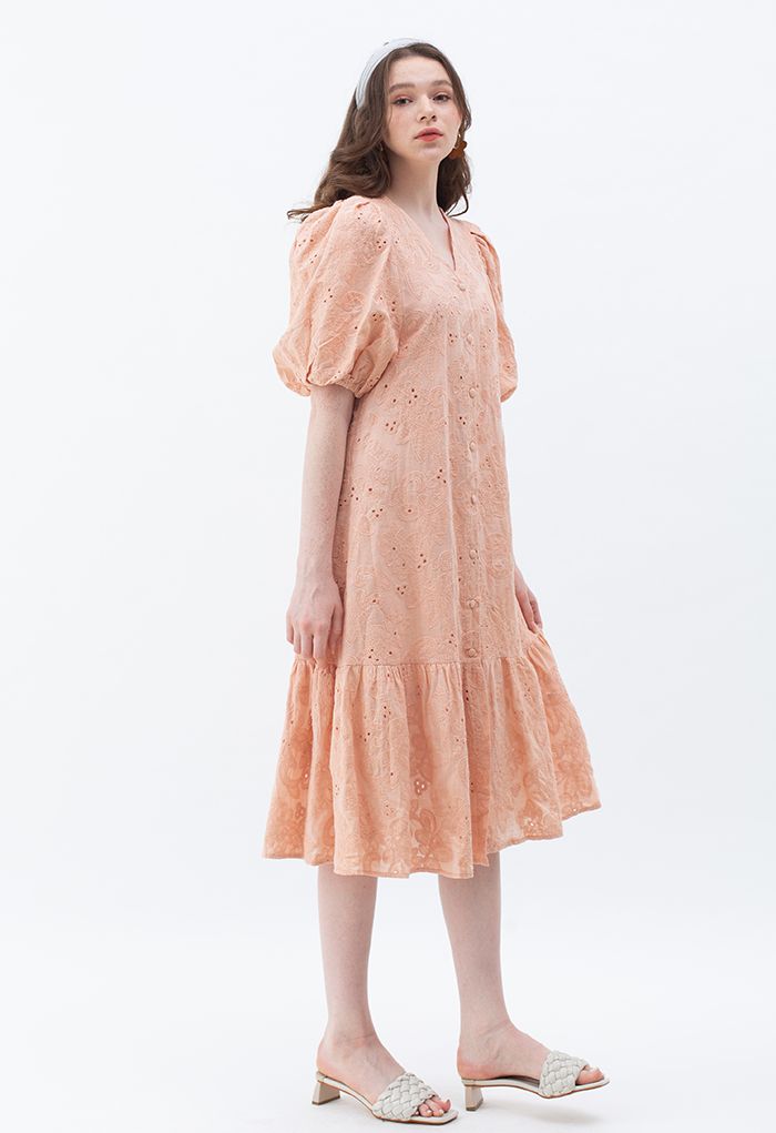 Button Down Bubble Sleeve Embroidered Dolly Dress in Coral - Retro ...