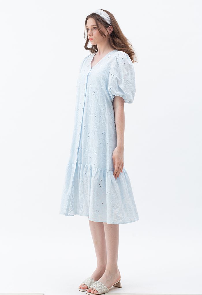 Button Down Bubble Sleeve Embroidered Dolly Dress in Blue - Retro ...
