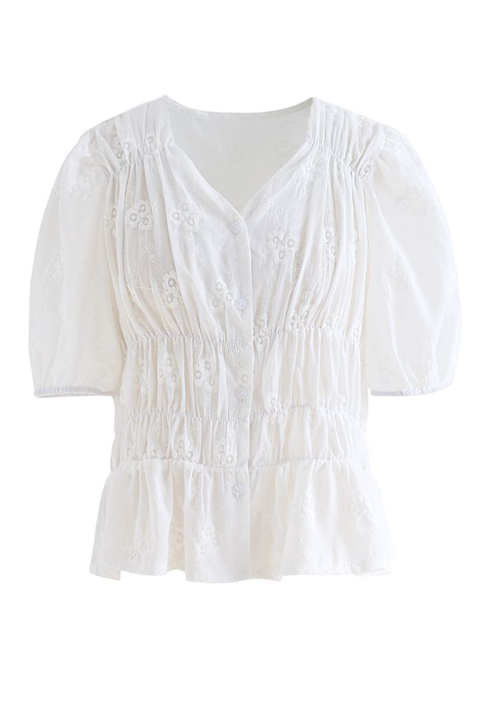 Button Front Floral Embroidered Shirred Top in White