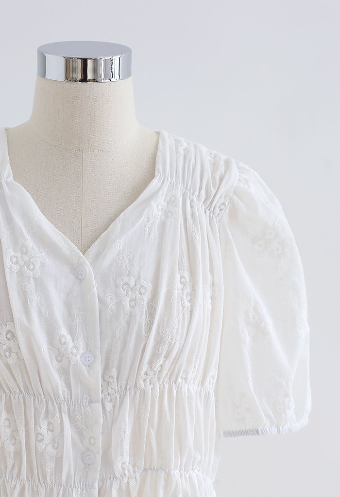 Button Front Floral Embroidered Shirred Top in White