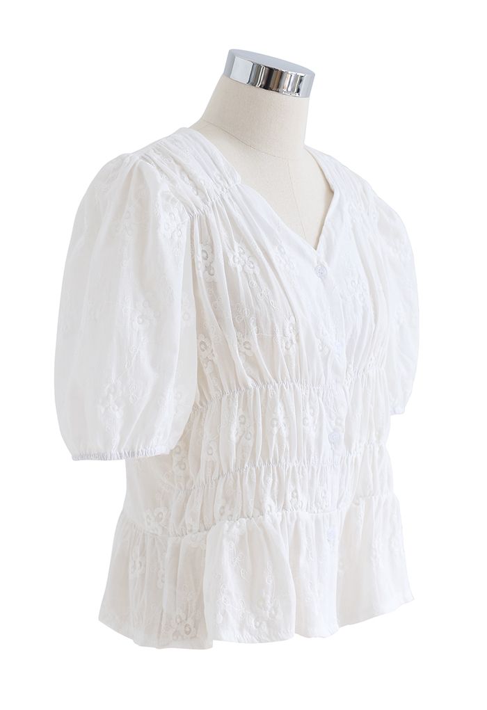 Button Front Floral Embroidered Shirred Top in White