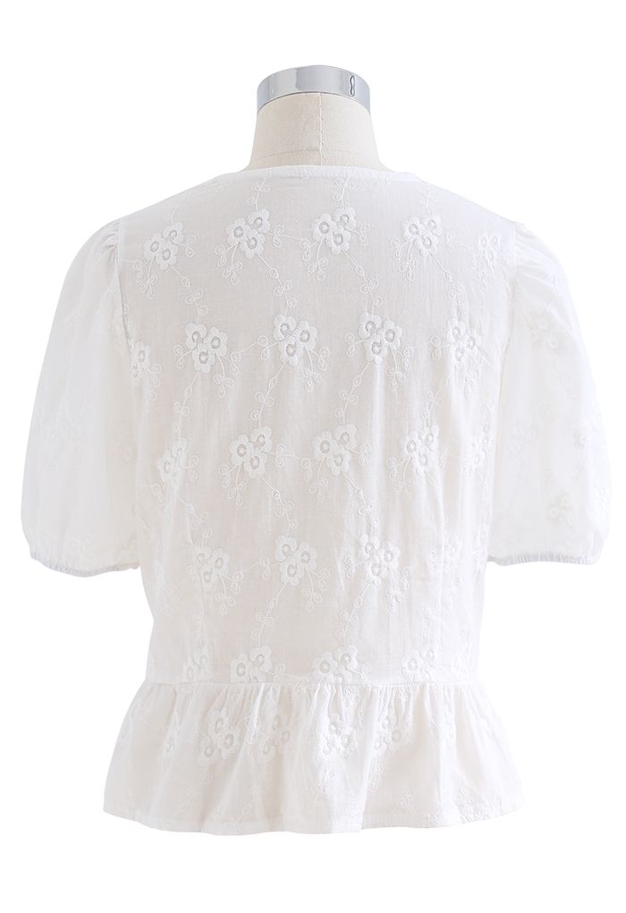 Button Front Floral Embroidered Shirred Top in White