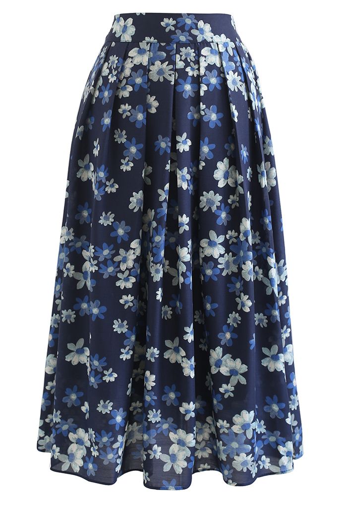 Falling Flowers Pleated Midi Skirt in Navy - Retro, Indie and Unique ...