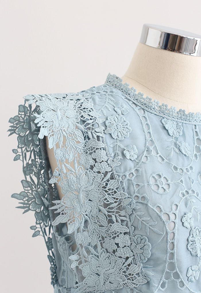 Full Embroidered Cochet Sheer Sleeveless Top in Blue - Retro, Indie and ...