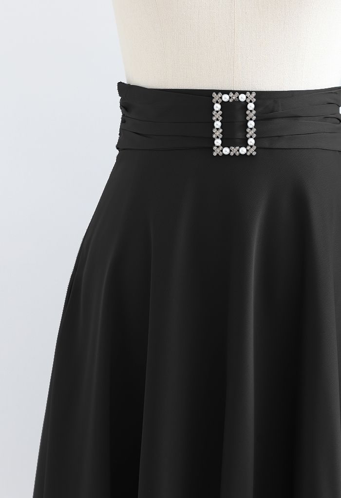 Brooch Detail Satin A-line Midi Skirt in Black - Retro, Indie and ...