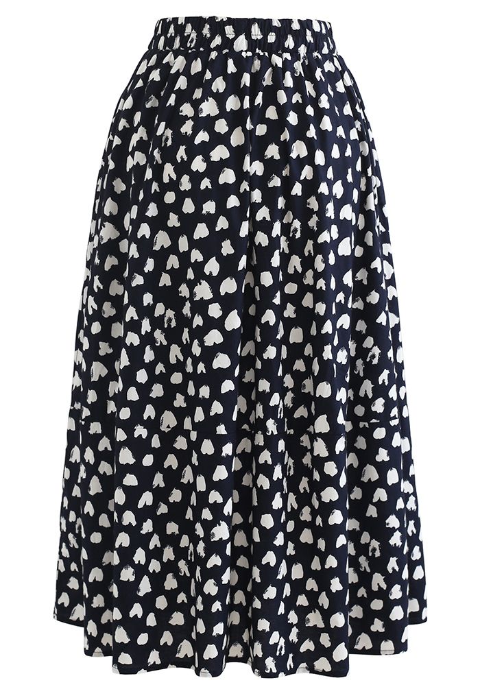 Lovely Heart Print Cotton Midi Skirt in Navy - Retro, Indie and Unique ...