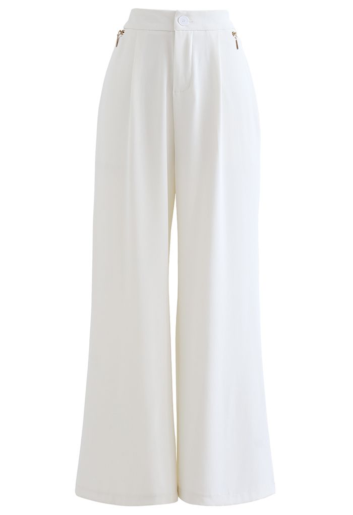 Zipper Side High Waist Flare Leg Pants in White