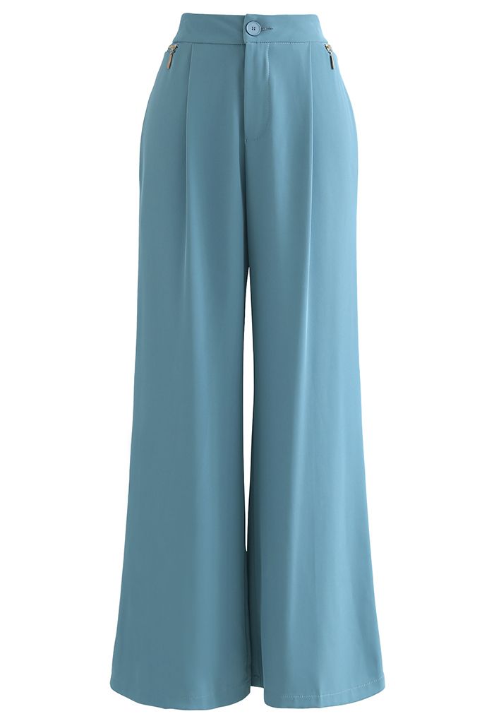 Zipper Side High Waist Flare Leg Pants in Blue