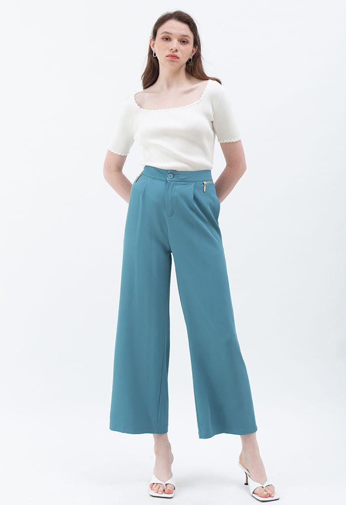 Zipper Side High Waist Flare Leg Pants in Blue