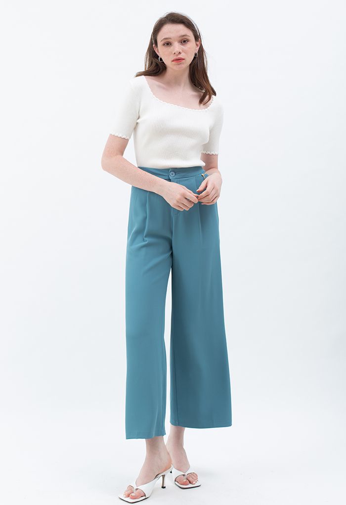 Zipper Side High Waist Flare Leg Pants in Blue