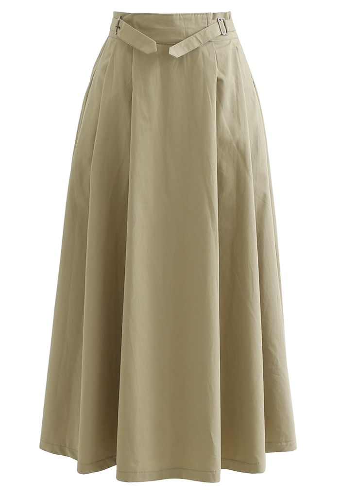 Belted Waist Pleated Cotton Midi Skirt in Tan - Retro, Indie and Unique ...