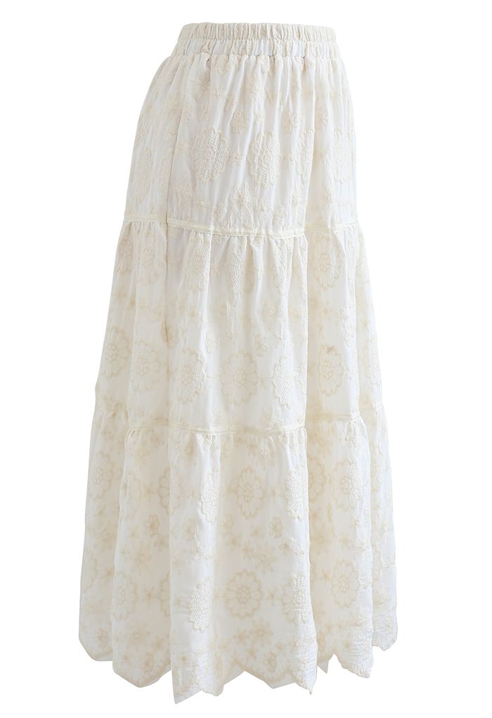 Embroidered Flower Scalloped Skirt in Ivory - Retro, Indie and Unique ...