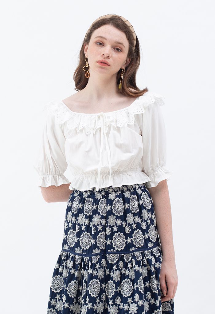 Scallop Embroidered Bowknot Crop Top in White - Retro, Indie and Unique ...
