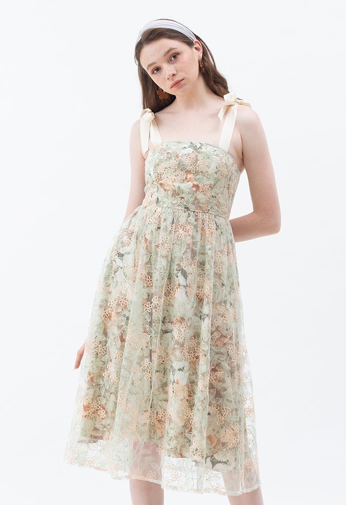 Tie Shoulder Floral Embroidered Mesh Overlay Dress - Retro, Indie and  Unique Fashion