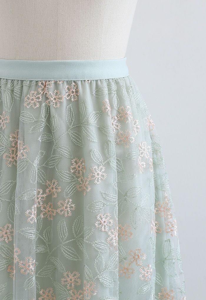 Fairytale Embroidered Mesh Midi Skirt in Mint