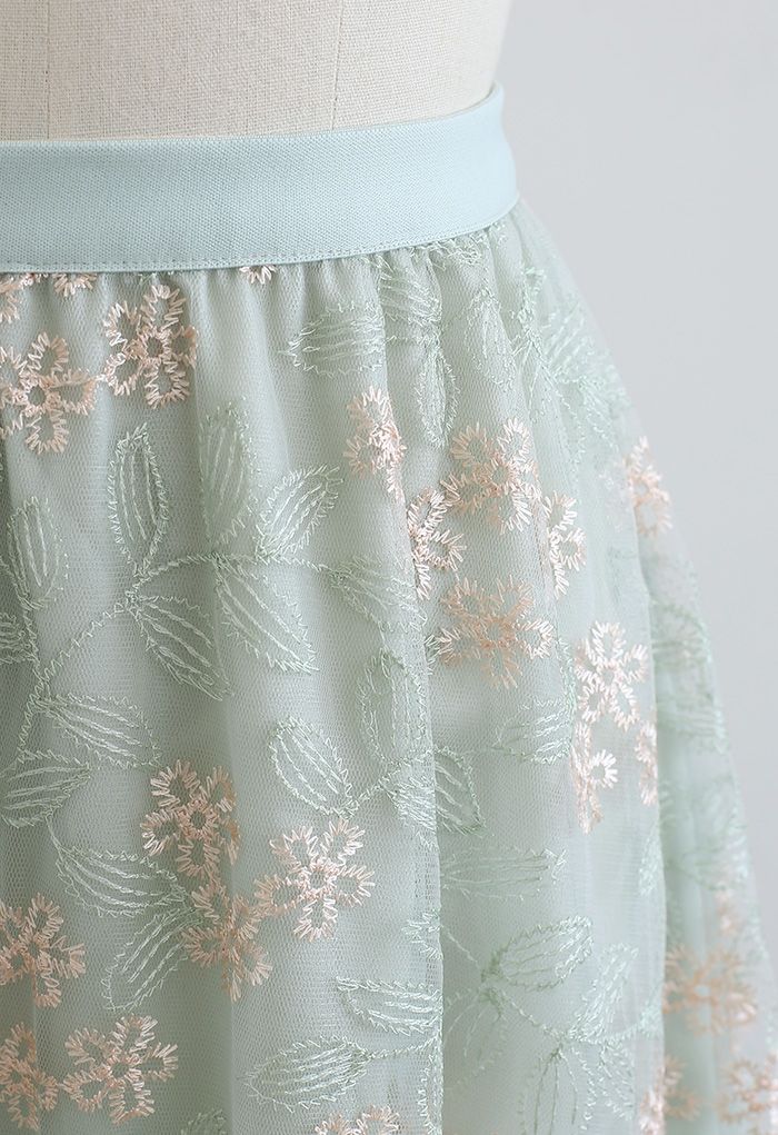 Fairytale Embroidered Mesh Midi Skirt in Mint