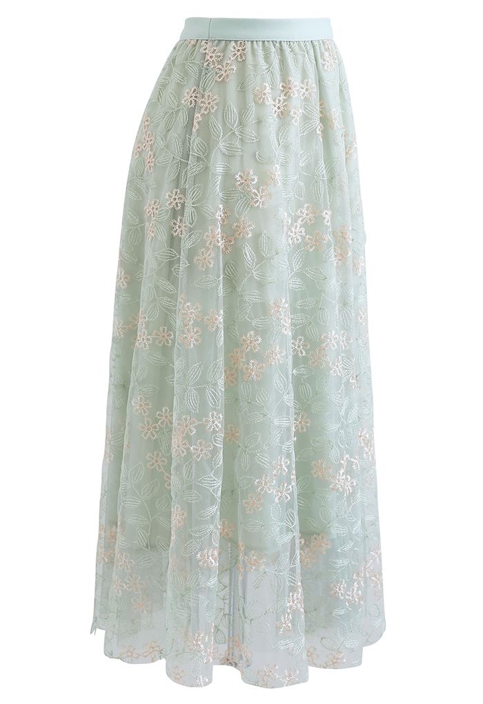 Fairytale Embroidered Mesh Midi Skirt in Mint