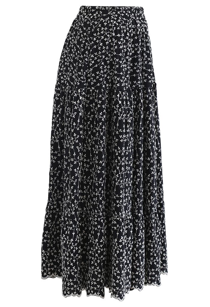 Embroidered Floret Frilling Cotton Skirt in Black - Retro, Indie and ...