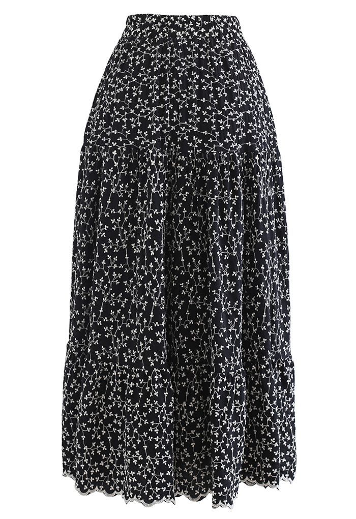 Embroidered Floret Frilling Cotton Skirt in Black - Retro, Indie and ...