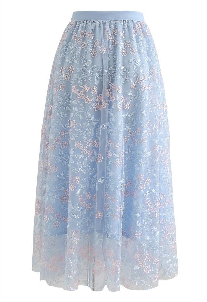 Fairytale Embroidered Mesh Midi Skirt in Blue - Retro, Indie and Unique ...