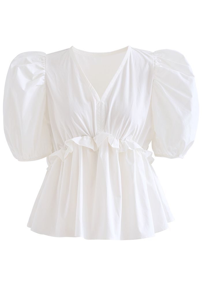 High Ruffle Waist V-Neck Bubble Sleeve Top in White - Retro, Indie and ...